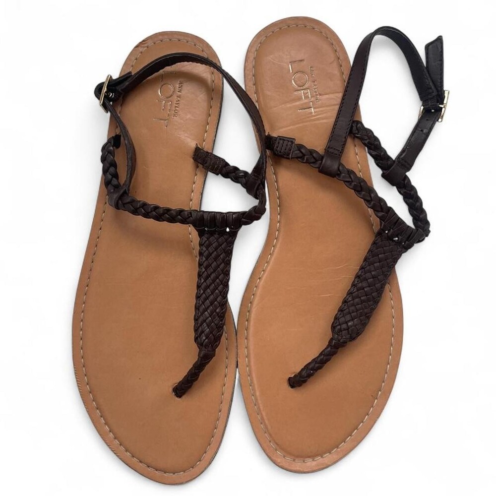 Ann Taylor Loft Brown Leather Braided Thong Sandals with ankle strap